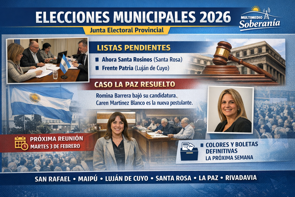 Durante la mañana de hoy se reunió la Junta Electoral Provincial para definir aspectos pendientes de las elecciones municipales que se realizarán el 22 de febrero, en los departamentos de:
San Rafael, Maipú, Luján de Cuyo, Santa Rosa, La Paz y Rivadavia.
